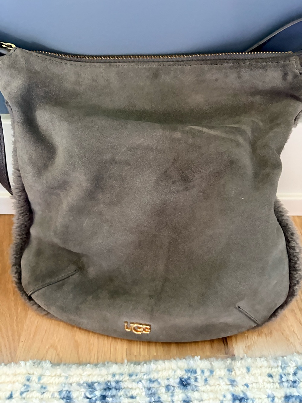 Ugh grey suede shearling handbag